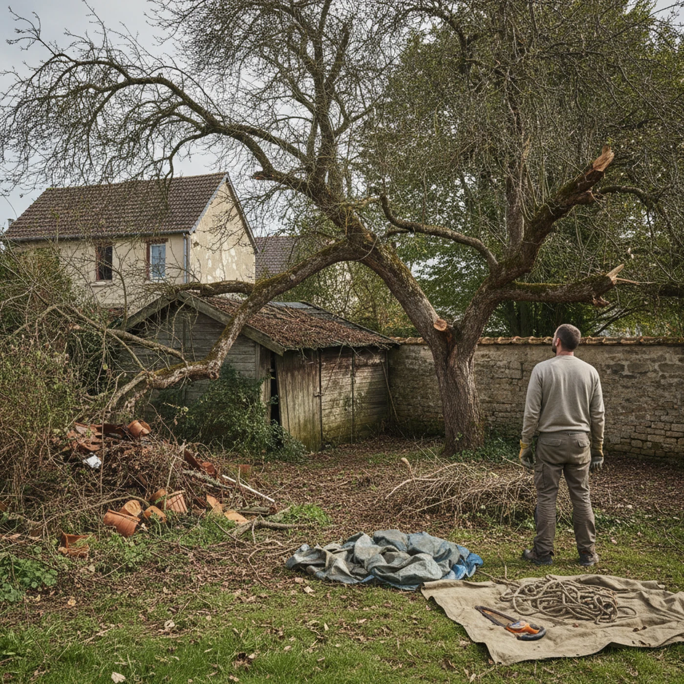 Conifère trop proche d’une clôture avant démontage à Saint-André-les-Vergers