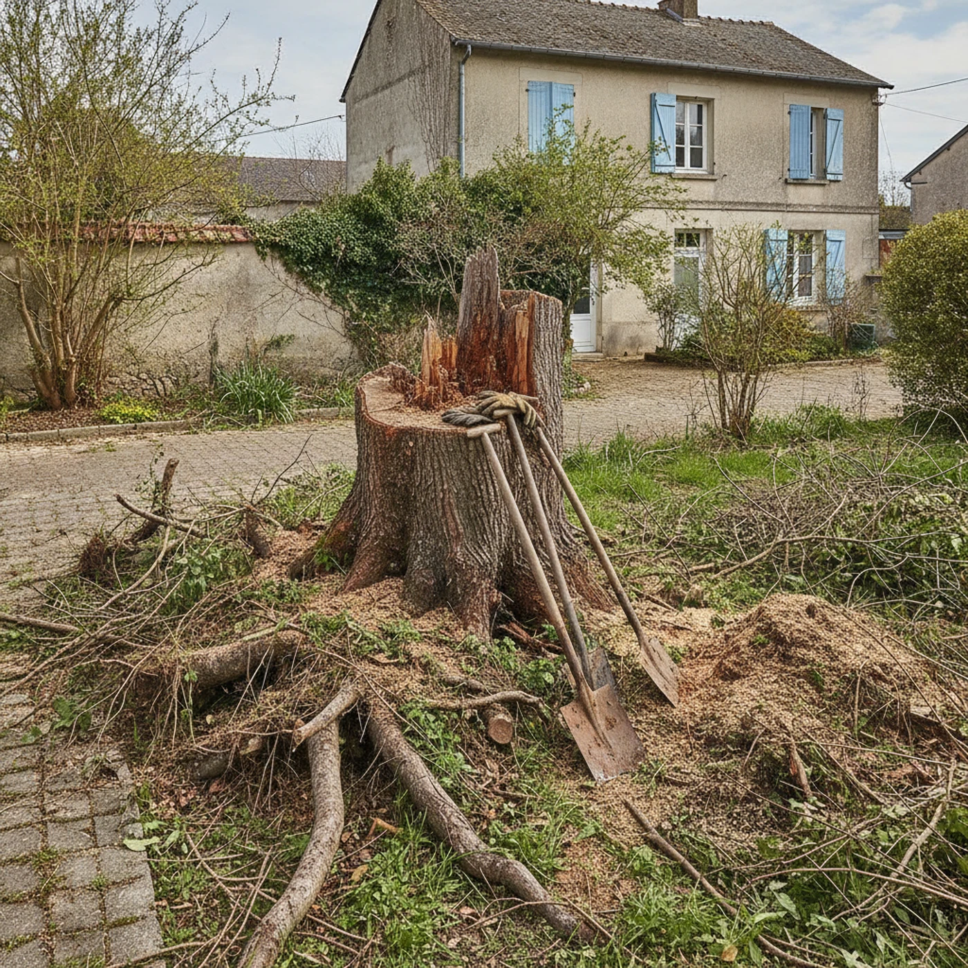 Souche gênante avant rognage dans un jardin à Saint-André-les-Vergers