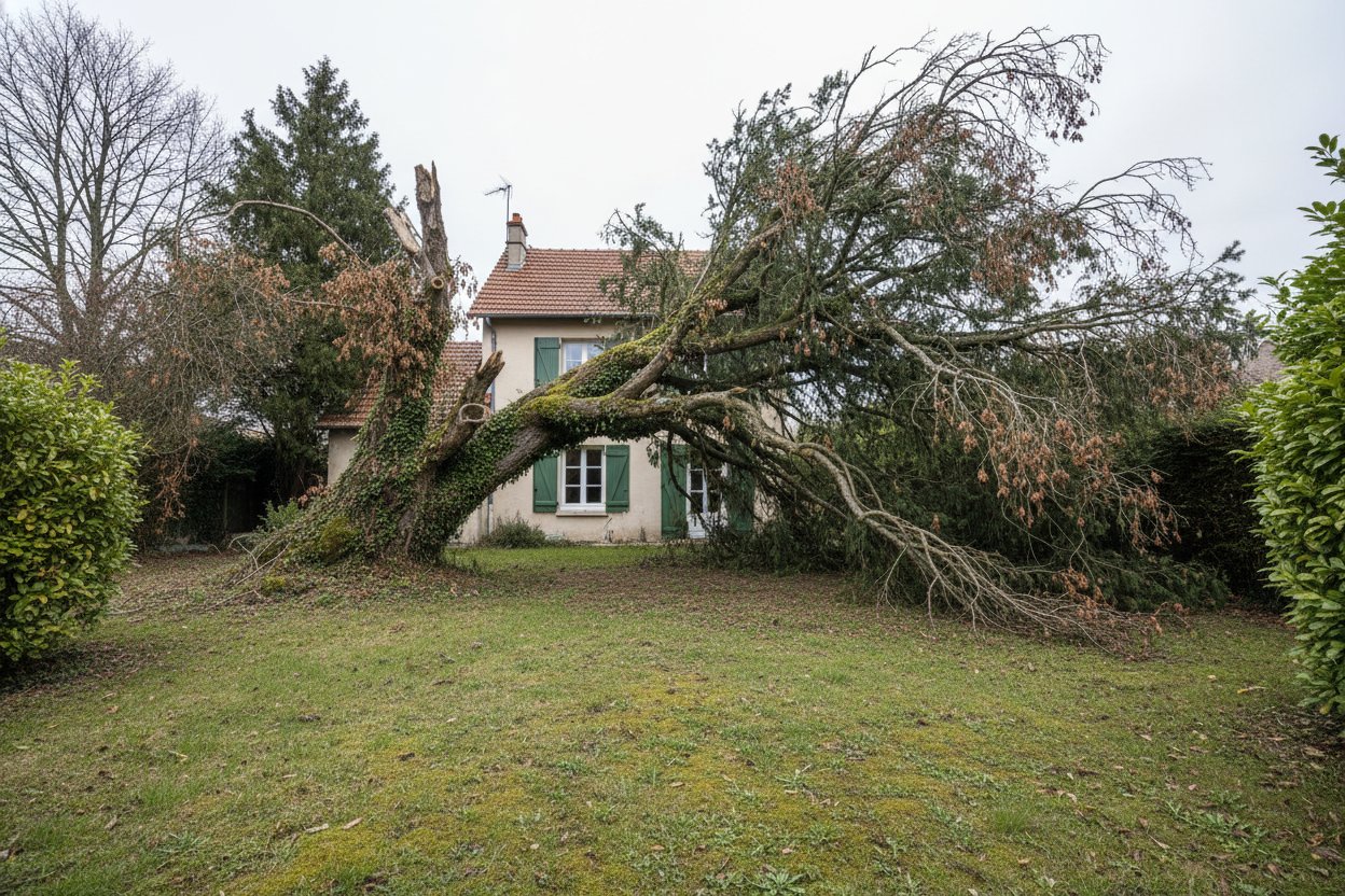 Frêne mort penché au-dessus d'une clôture dans un jardin des Chartreux à Troyes