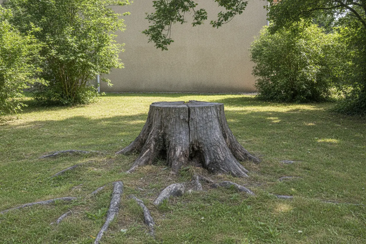 Grosse souche de chêne bloquant une pelouse dans un jardin des Chartreux à Troyes