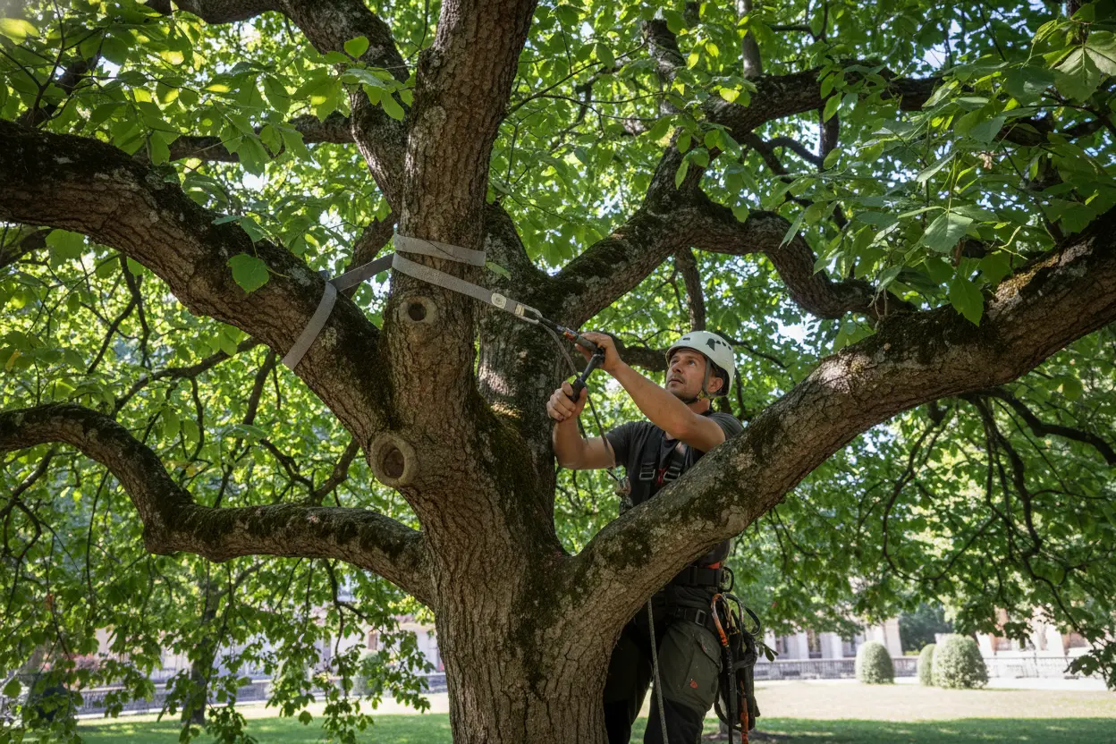 Pose d'un câble de haubanage sur un arbre fragilisé à Troyes