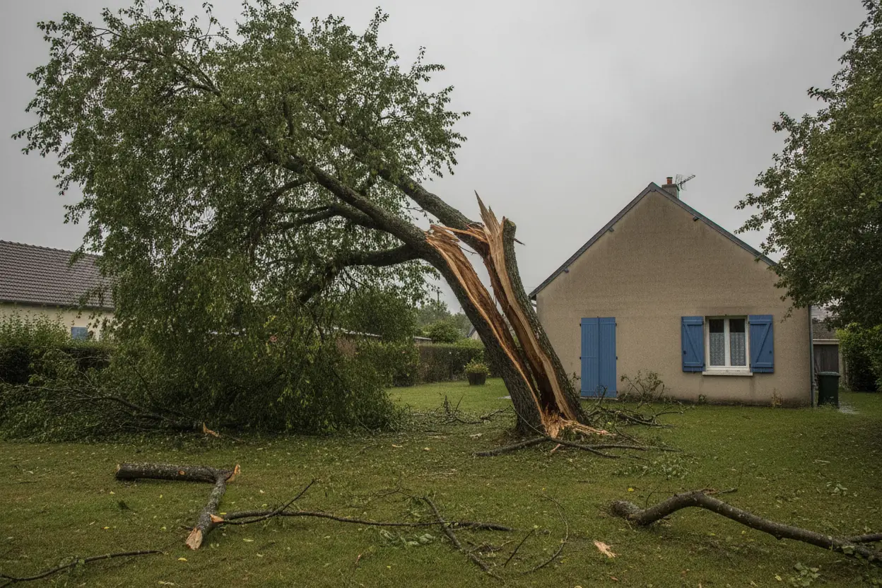 Arbre fendu et instable dans un jardin aux Noës-près-Troyes avant intervention