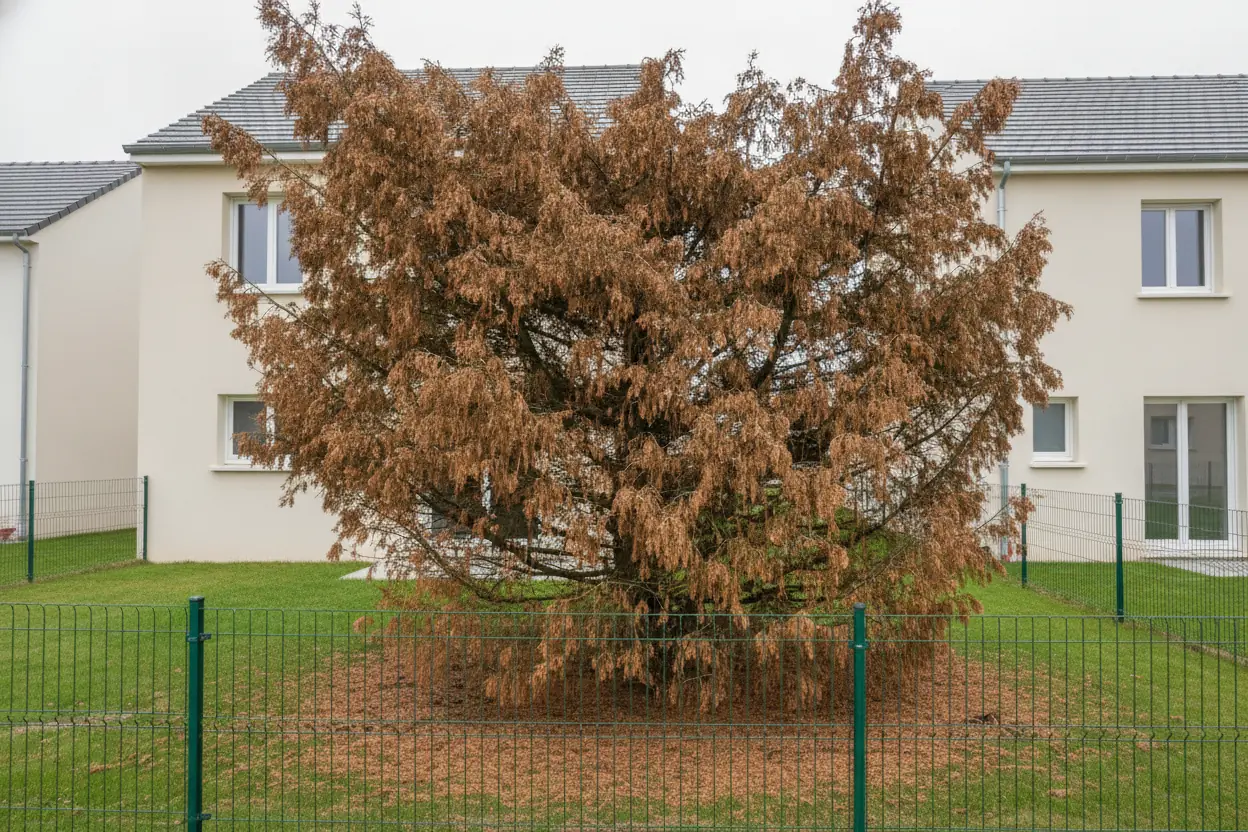 Conifère malade dans un jardin de lotissement à Rosières-près-Troyes avant abattage