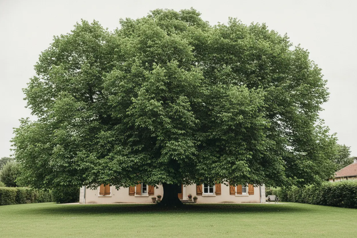 Grand marronnier dense ombrageant toute une villa à Saint-Julien-les-Villas avant taille