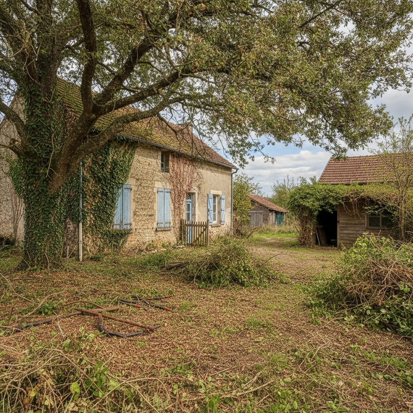 Souche gênante devant un portail à Saint-Parres-aux-Tertres avant rognage